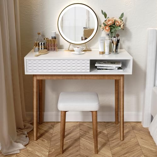 VOXANOXI Small Table for Bedroom, 40 inch White Writing Small Table with Drawer