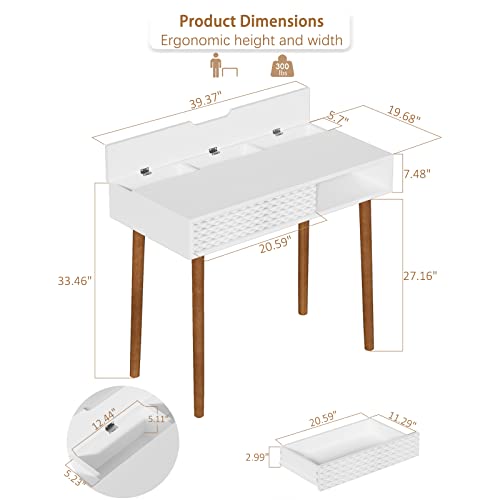 VOXANOXI Small Table for Bedroom, 40 inch White Writing Small Table with Drawer