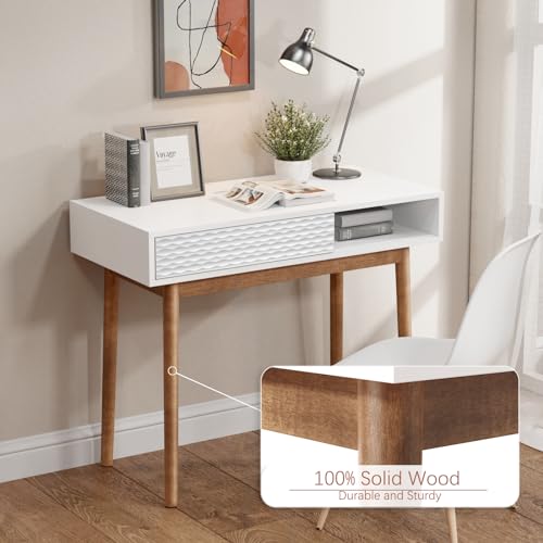 VOXANOXI Small Table for Bedroom, 40 inch White Writing Small Table with Drawer