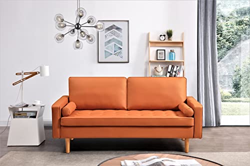 Container Furniture Direct 2-Piece Set Faux Leather Sofa for The Modern Living Room with Removable Cushions and Solid Wood Legs, Luxury Style Button-Tufted Loveseat and Couch, Red Orange