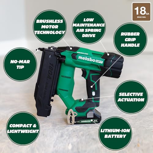 Metabo HPT 18V MultiVolt™ Cordless Brad Nailer Kit, 18 Gauge, 5/8" up to 2" Brad Nails, Includes (1) 18V 2.0Ah Lithium Ion Battery w/Fuel Gauge, Charger, Bag, Lifetime Power Tool Warranty, NT1850DFT