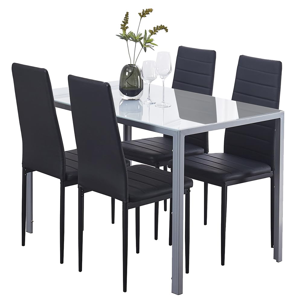 ROZHOME Dining Table Set for 4, 5 Piece Kitchen Table and Chairs for Dinette, Apartment, Compact Space-Saving w/Tempered Glass Tabletop and 4 Upholstered Chairs, Gray+Black