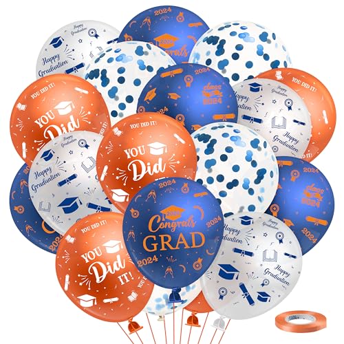 Haooryx 50Pcs Blue and Orange Graduation Balloons Kit Class of 2024 Graduation Party Decoration 12 Inches Congrats Grad Confetti Latex Balloon Decor Supplies for School Prom Graduate Celebration