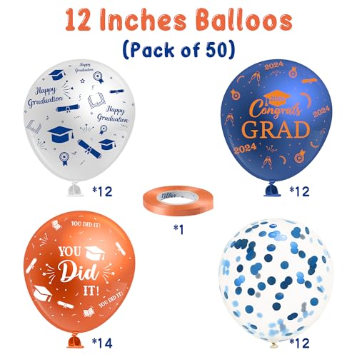 Haooryx 50Pcs Blue and Orange Graduation Balloons Kit Class of 2024 Graduation Party Decoration 12 Inches Congrats Grad Confetti Latex Balloon Decor Supplies for School Prom Graduate Celebration