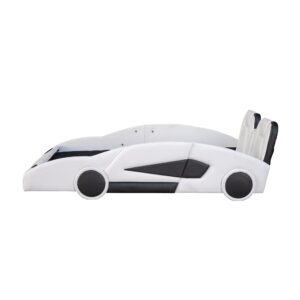 Merax Modern Wood Race Car-Shaped Bed Frame with Seat Wingback Fun Floor Car Bed for Boys Girls/No Box Spring Needed Twin White