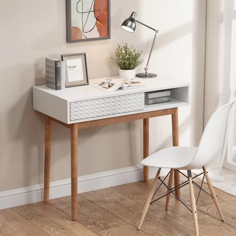 VOXANOXI Small Table for Bedroom, 40 inch White Writing Small Table with Drawer