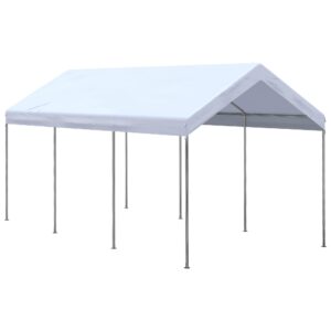 outsunny 10' x 20' party tent and carport, height adjustable portable garage, outdoor canopy tent 8 legs without sidewalls for car, truck, boat, motorcycle, bike, garden tools, white