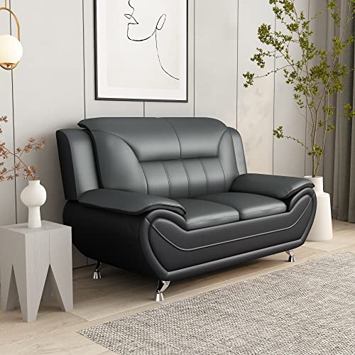 Container Furniture Direct Modern Style Faux Leather Loveseat with Extra Comfortable Pillow Top Armrests Ideal for Living Room, Bedroom or Home Office Couch, 61.3’’ Wide, Grey/Black