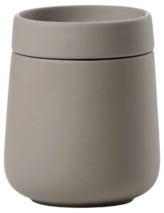 zone denmark nova one ceramic storage box with lid for bathroom utensils such as cotton pads & cotton buds diameter 3.3", height 3.39", capacity 290 ml,taupe