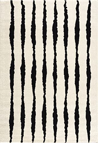 Abani Nordic Collection Area Rug -Contemporary Scandinavian Striped Cream/Black Design -4'x6' -Easy to Clean -Durable for Kids and Pets - Non-Shedding - Medium Pile - Soft Feel -Living Room, Bedroom