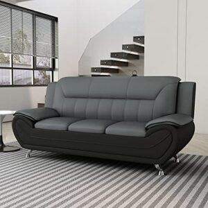 Container Furniture Direct Modern Style Faux Leather Sofa with Extra Comfortable Pillow Top Armrests Ideal for Living Room, Bedroom or Home Office Couch, 79.2’’ Wide, Grey/Black