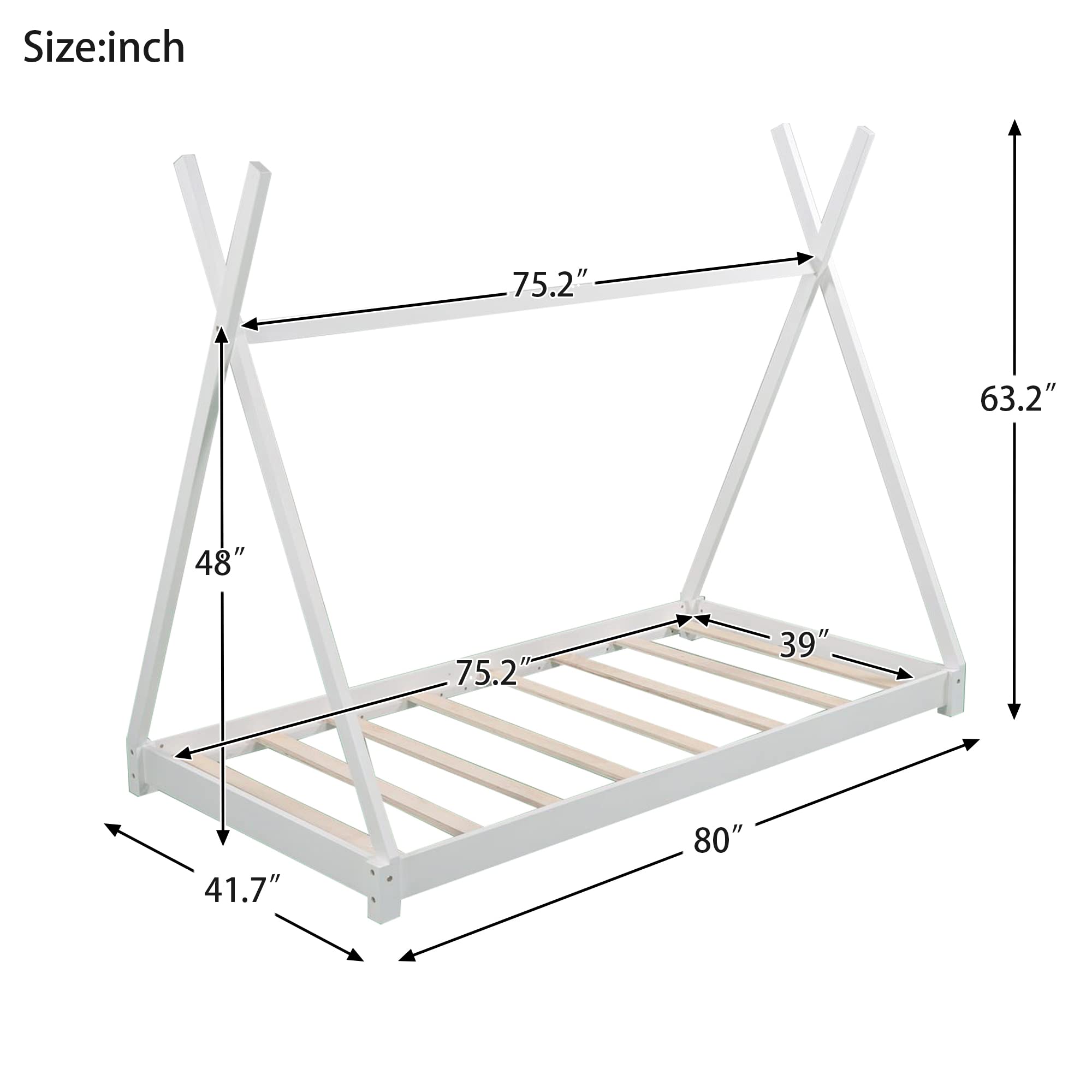 Solid Wood Twin Size Canopy Platform Bed with Triangle Structure, Twin Floor Bed Frame for Boys, Girls, Teens, Mattress Base, No Box Spring Needed (White)