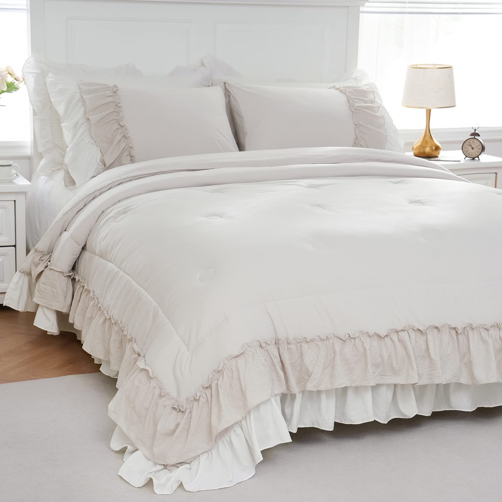 Boho Comforter Queen Shabby Chic Bedding Comforter Set 2 Layers Bohemian Ruffles Home Decor Farmhouse Comforter Cream Bed Comforter 1 Comforter 2 Pillowcases (Beige, Queen)…