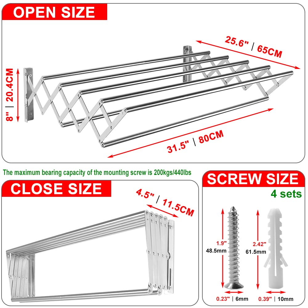 LANDBEAUTY Wall Mounted Laundry Clothes Drying Rack Clothing Heavy Duty Retractable Accordion Wall Hanger Collapsible Hanging Towel Holder for Laundry Room Bathroom(Extra Large 31.5",7-One-piece Rods)