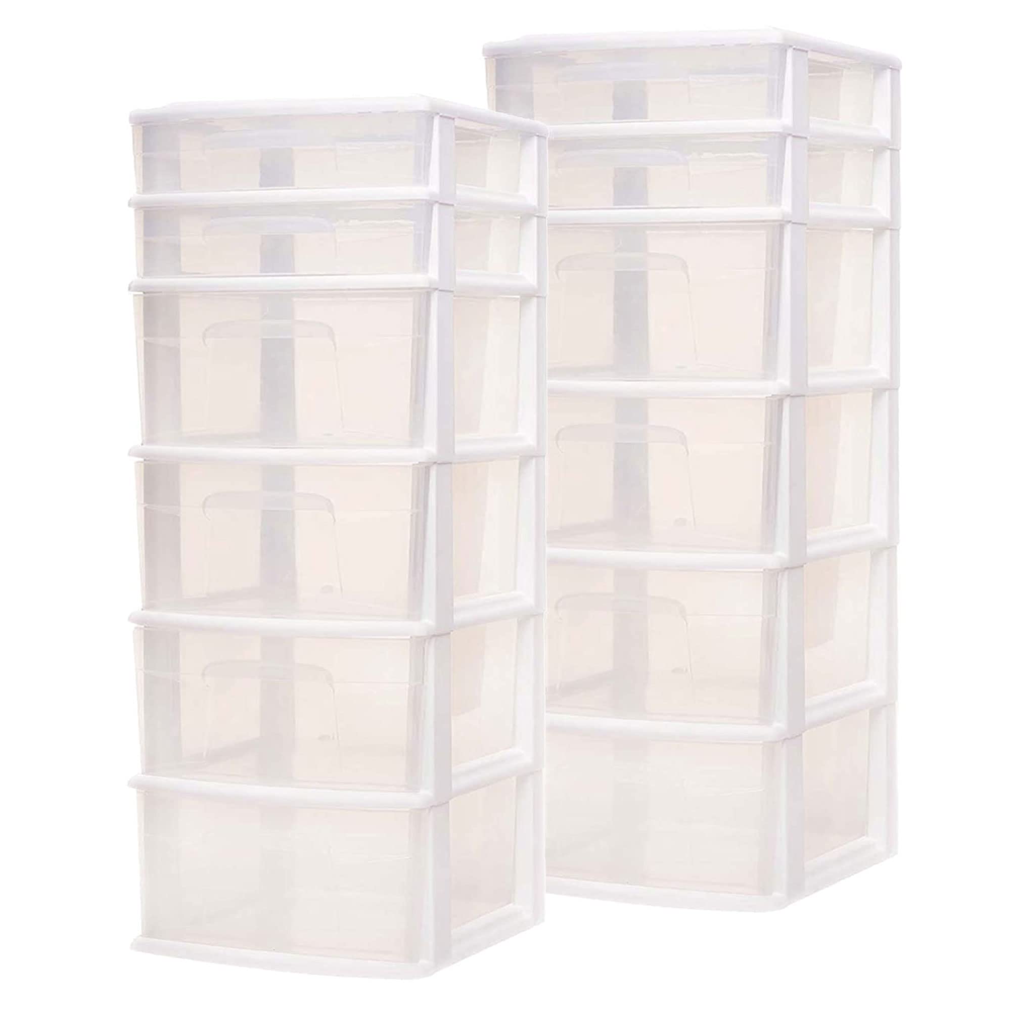 Homz Plastic 6 Clear Drawer Medium Home Organization Storage Container Tower with 4 Large Drawers and 2 Small Drawers, White Frame (2 Pack)