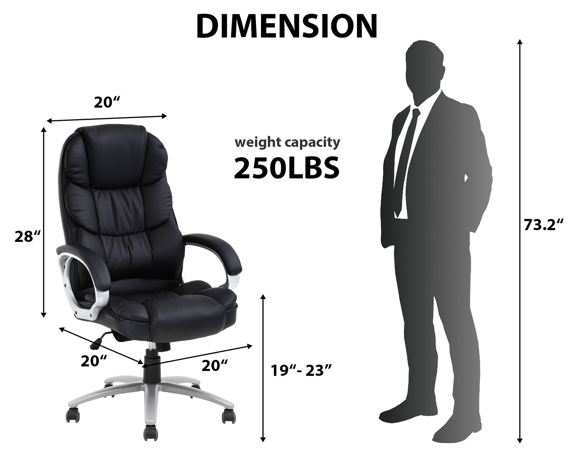 Ergonomic Office Chair, Height Adjustable Pu Leather Office Chair with Padded Armrests and Lumbar Support, 250 Lbs Heavy Duty Swivel Desk Chair Computer Chair for Men Women, Desk Chairs with Wheels