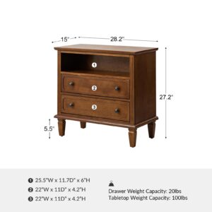 HULALA HOME Nightstand with Charging Station, Transitional End Table with USB Ports & Outlets, Fluted Pilasters Design Wood 2 Drawers Side Table with Open Space Dresser for Bedroom,Walnut