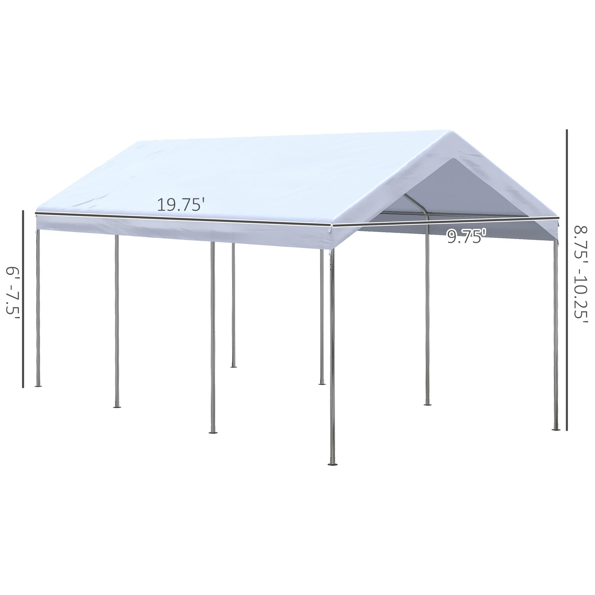 Outsunny 10' x 20' Party Tent and Carport, Height Adjustable Portable Garage, Outdoor Canopy Tent 8 Legs Without Sidewalls for Car, Truck, Boat, Motorcycle, Bike, Garden Tools, White