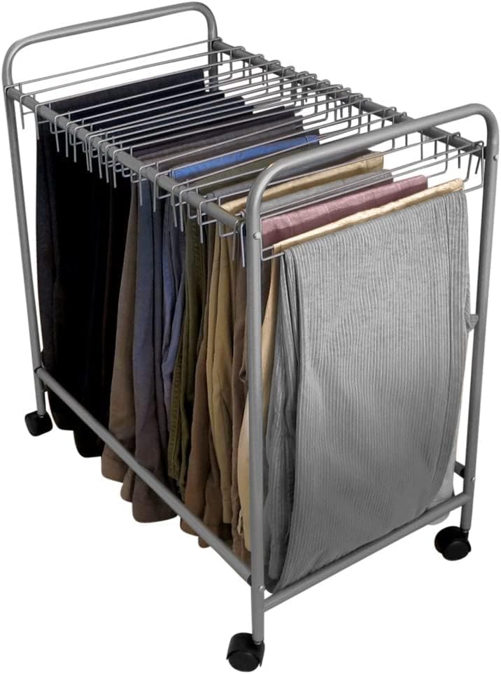 Evelots Pants Rack with 20 Pants Hangers Rolling Trolley-Skirt Hangers, Jean Organizer for Closet