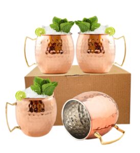 bold & divine copper plated moscow mule mugs set of 4 | 18 oz hammered copper cups with stainless steel lining gold & brass handles with copper straws & shot glass | perfect for bars, parties & gifts