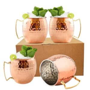 BOLD & DIVINE Copper Plated Moscow Mule Mugs Set of 4 | 18 Oz Hammered Copper Cups with Stainless Steel Lining Gold & Brass Handles with Copper Straws & Shot Glass | Perfect for Bars, Parties & Gifts