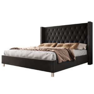 PaPaJet King Bed Frame Upholstered Bed Velvet Low Profile Platform Bed with Raised Wingback Headboard/No Box Spring Needed/Easy Assembly/Cream