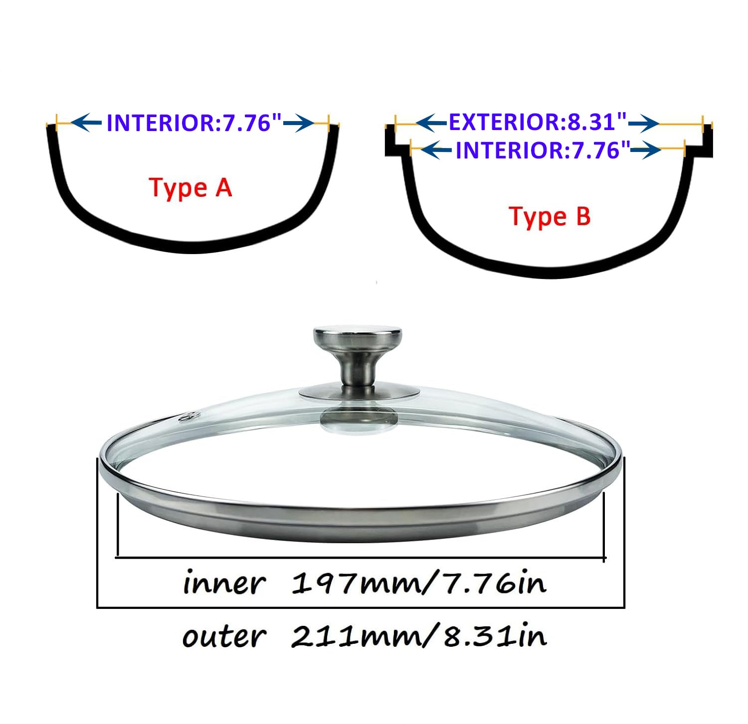 Bitray Glass Lid Cover for Frying Pan Fits Most of 8-inch Round Pots Pans Cookware Clear Glass Pot Lid with Round Knob