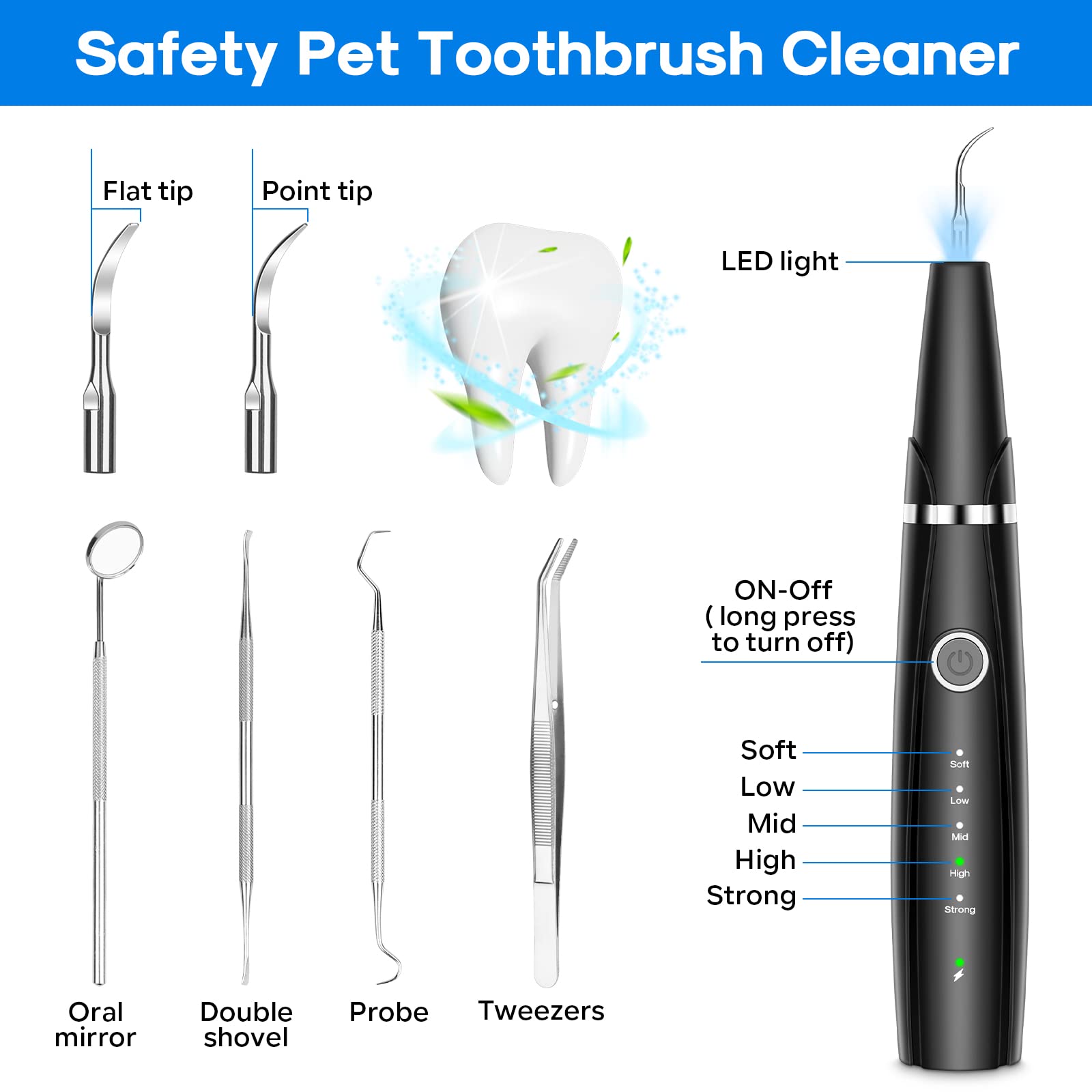 Ultrasonic Dog Teeth Cleaning Kit for Pet Teeth Cleaning, Dog Plaque Remover for Teeth, 5 Modes Dog Tartar Remover for Teeth Care to Remove Stains Calculus, 10 in 1 Pet Cleaner Toothbrush (Black)