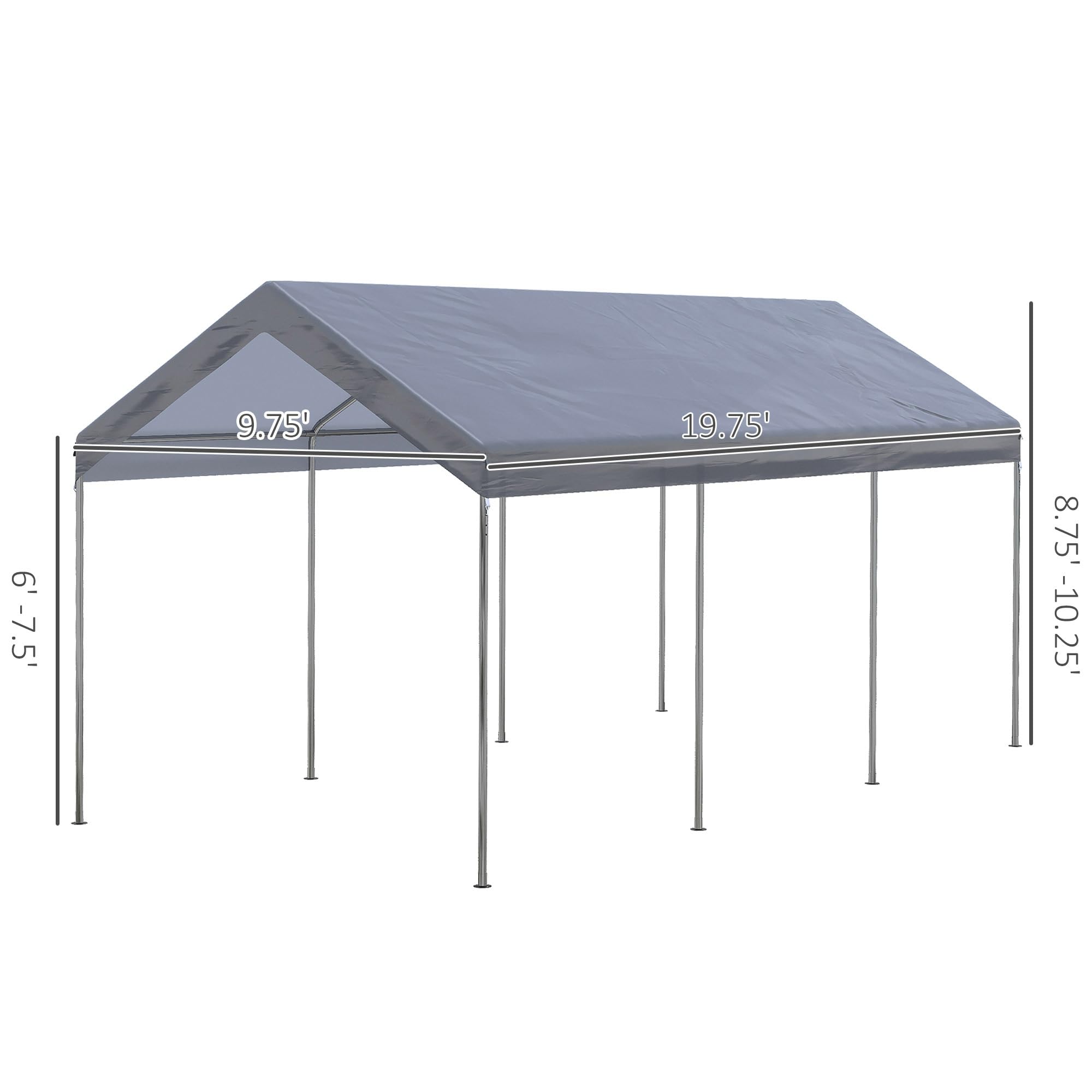 Outsunny 10' x 20' Party Tent and Carport, Height Adjustable Portable Garage, Outdoor Canopy Tent 8 Legs Without Sidewalls for Car, Truck, Boat, Motorcycle, Bike, Garden Tools, Gray