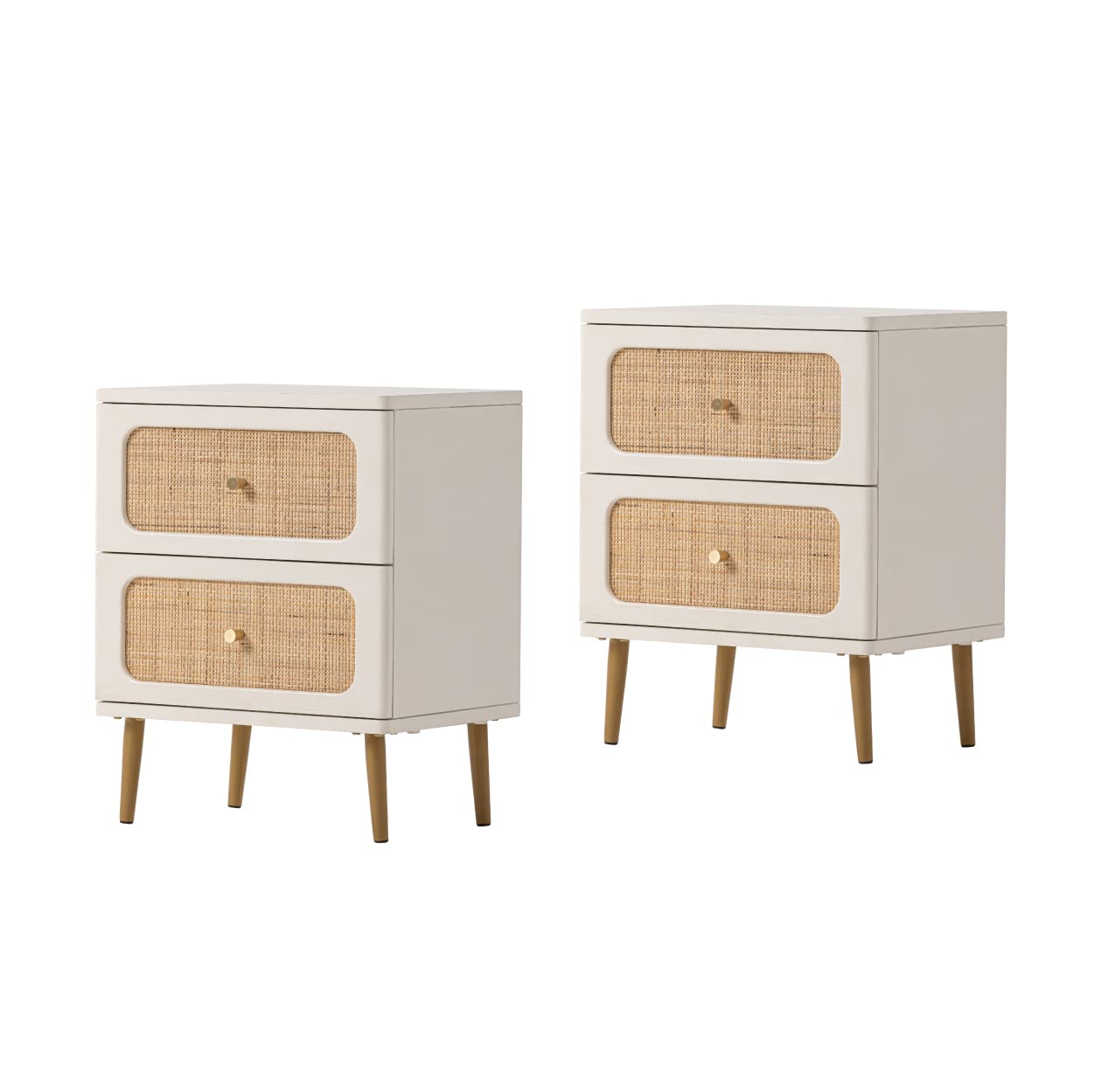 LONYKE Wicker Rattan Nightstand Set of 2, 2-Drawer End Table White Finish Side Table for Small Spaces, Modern Farmhouse Wooden Bedside Table, Boho Mid-Century Coastal Storage Cabinet