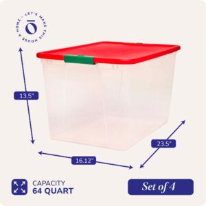 HOMZ 8-Pack Plastic Storage Bins w/Lids, Stackable Totes, 65 Quart, Red Lid