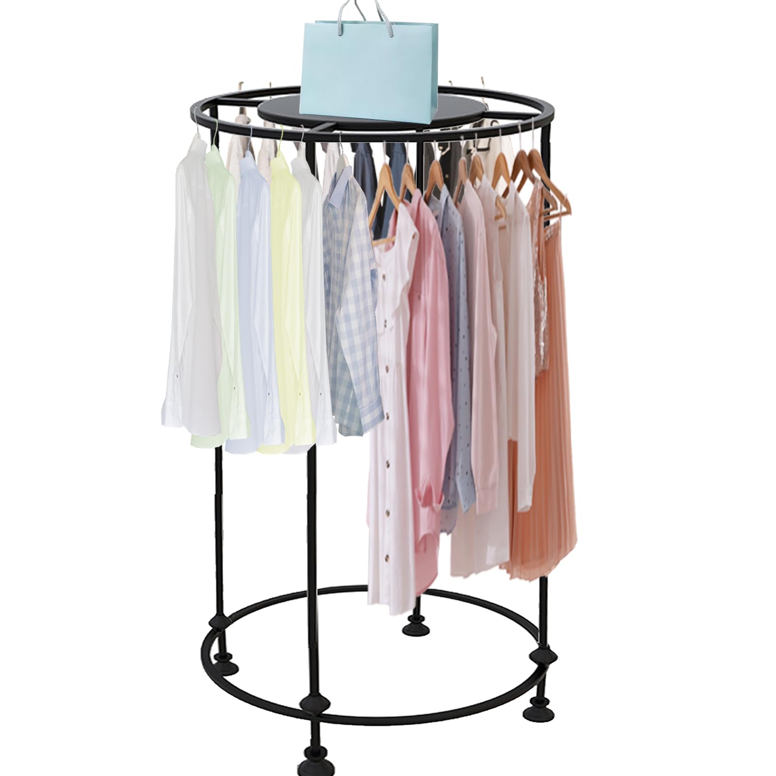 ZOUXIKOU Freestanding Round Garment Display Retail Rack, Floor-Standing Double Space Multi-Purpose Metal Shelf for Clothes Storage, Commercial Clothing Organizer in Retail Boutiques and Bedroom