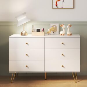 Vrullu White Dresser for Bedroom, Wide Wood 6 Drawer Dressers & chests of Drawers, TV Stand for 55" TV, Modern Storage Drawers for Entryway, Closet, Hallway (1, White)