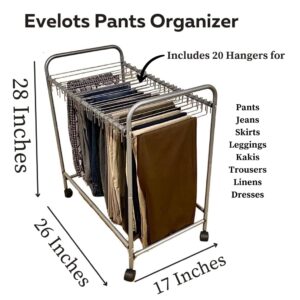 Evelots Pants Rack with 20 Pants Hangers Rolling Trolley-Skirt Hangers, Jean Organizer for Closet