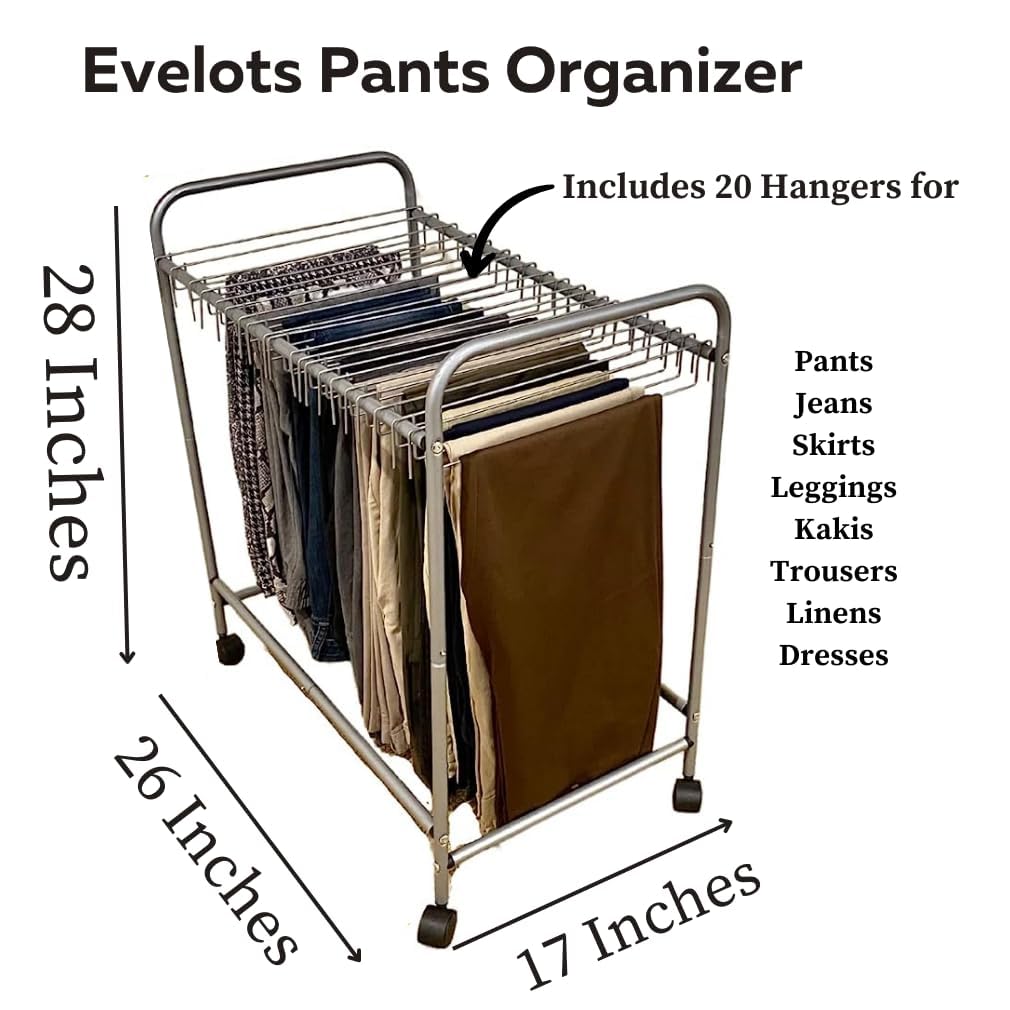 Evelots Pants Rack with 20 Pants Hangers Rolling Trolley-Skirt Hangers, Jean Organizer for Closet