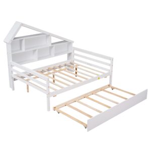 Harper & Bright Designs Full Size Daybed with Trundle and Storage Bookcase, Solid Wood Platform Bed Frame, House Bed for Kids Girls Boys, No Box Spring Needed (Full, White)