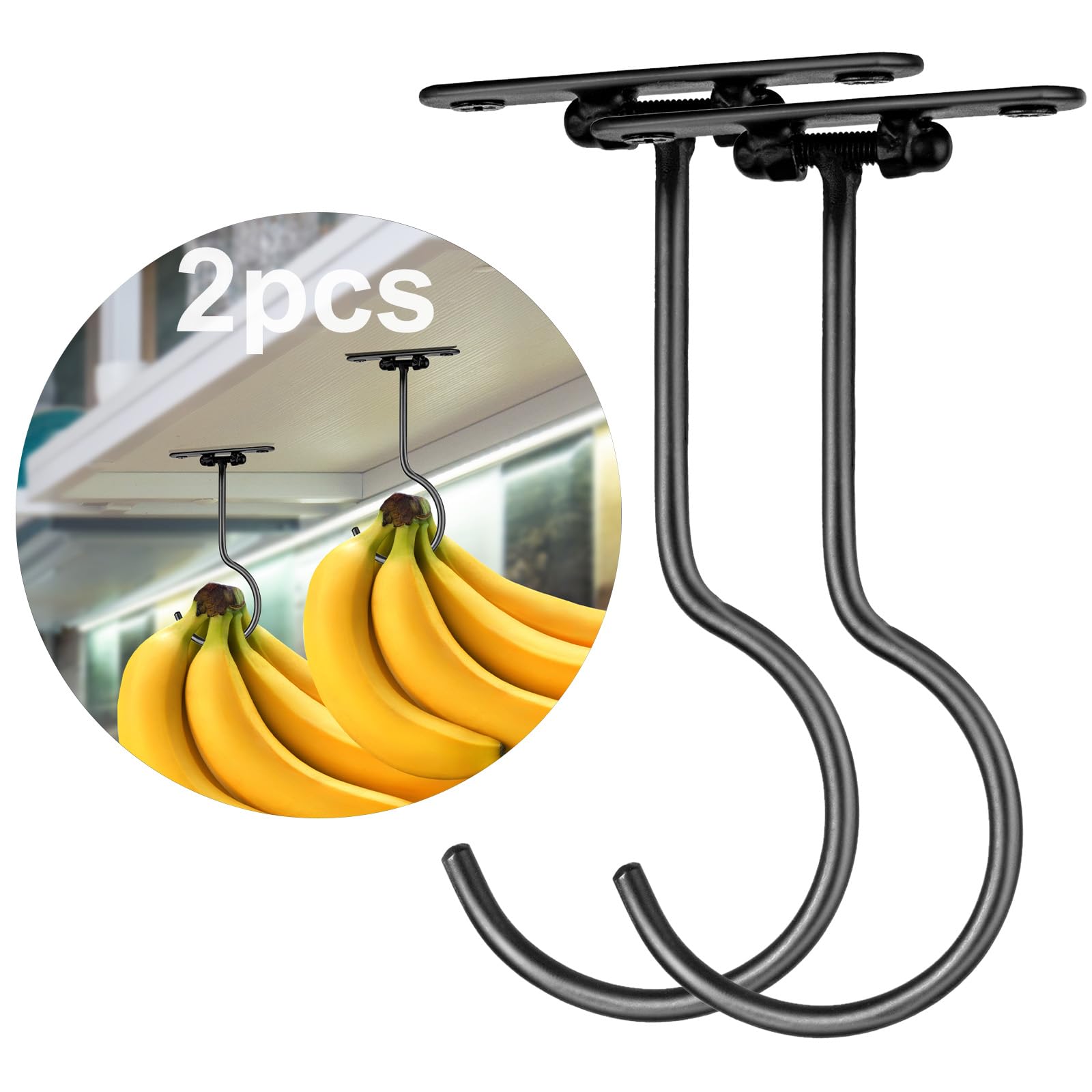 EGMEHOAD 2 Pack Banana Holder Hook Under Cabinet to Keep Bananas Fresh, Banana Hanger Under Cabinet Black 2 Pcs, Banana Hook Under Cabinet Metal