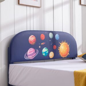 Mjkone Twin Bed Frame Kids, Space Adventures Boy Twin Bed Kids Bed, Teens Bed Frame with Upholstered PVC Tufted Headboard, Children Bed Frame, No Spring Box Needed (Planets)