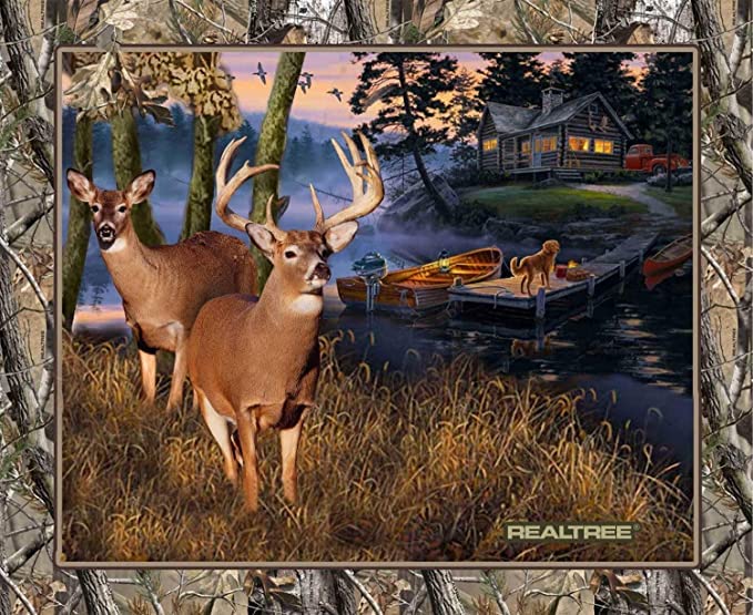 Lakeside Sunset with Deer and Cabin On Hill Panel 36 X 44 Cotton Fabric