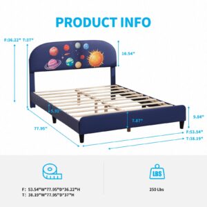 Mjkone Twin Bed Frame Kids, Space Adventures Boy Twin Bed Kids Bed, Teens Bed Frame with Upholstered PVC Tufted Headboard, Children Bed Frame, No Spring Box Needed (Planets)