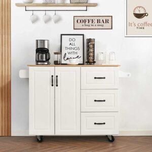 4 EVER WINNER Kitchen Island Cart with Drop Leaf & 3 Drawers, 43” Kitchen Island with Storage Cabinet on Wheels, Spice Rack, Towel Rack, Rolling Kitchen Island Table Breakfast Bar for Kitchen, White