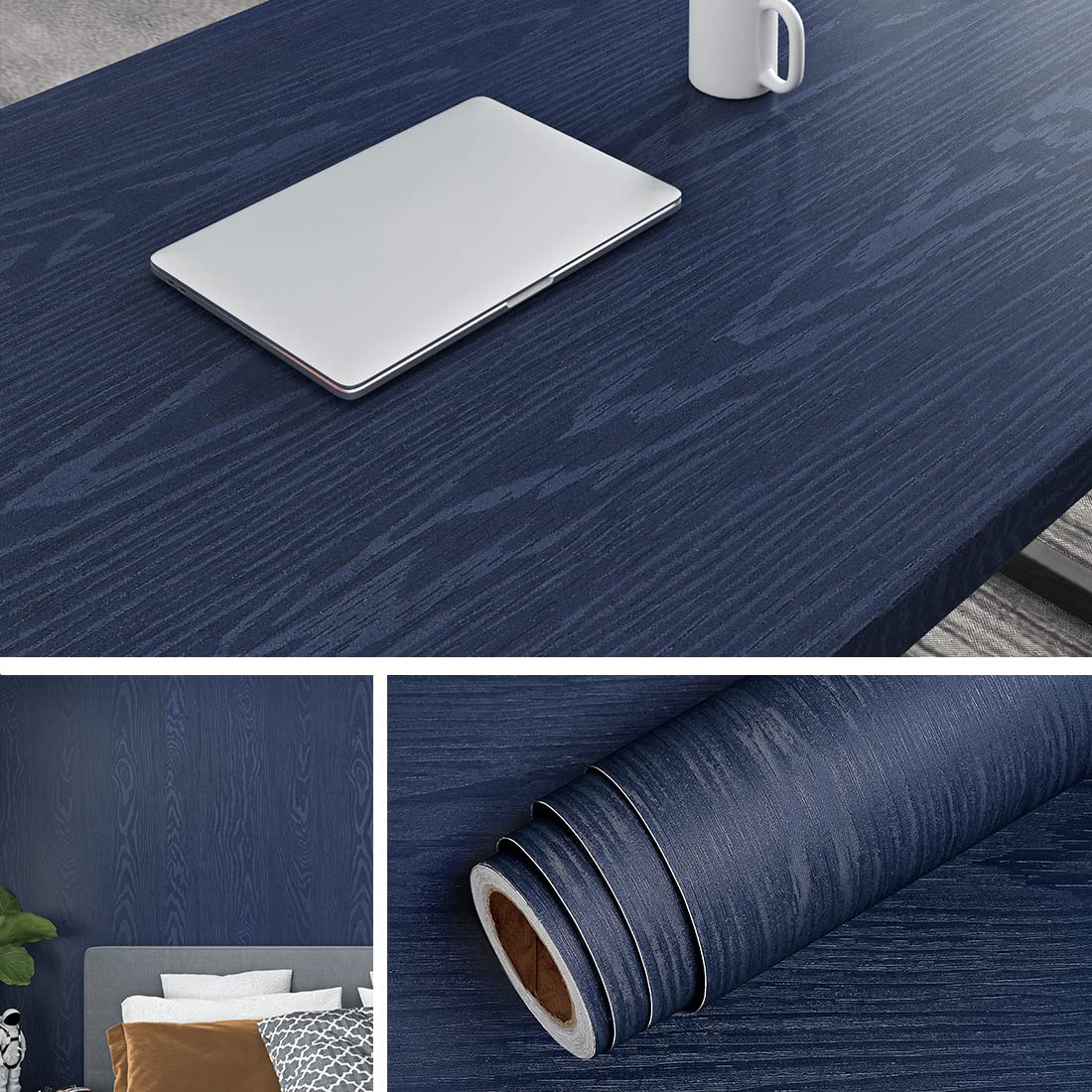 Livelynine Dark Blue Wood Wallpaper Peel and Stick Countertops Waterproof Navy Contact Paper for Cabinets Desk Walls Dresser Cover Top Kitchen Cabinet Wallpaper Matte Wood Grain Vinyl Wrap 15.8x78.8