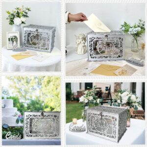 OurWarm Silver Wedding Card Box with Lock, Wood Gift Card Box Holder with Clear Window and String Light Design, DIY Envelope Money Card Box for Wedding Reception Birthday Party Graduation Decorations