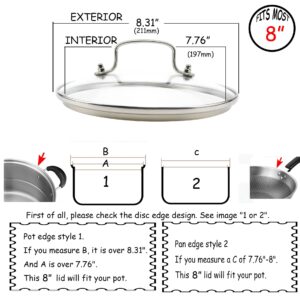 HEVSTIL Tempered Glass Lid,8inch /21cm Clear Glass Pot Lid with Stainless Steel Handle Tempered Pot Glass Lid Glass Replacement Lid for Frying Pan, Fry Pan, Skillet, Pan Lid