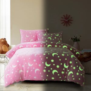 hombys glow in the dark duvet cover set for kids full/queen size, 3 pieces pink soft plush velvet bedding comforter cover with glowing stars for girls bedroom (1 duvet cover, 2 matching pillow cases)