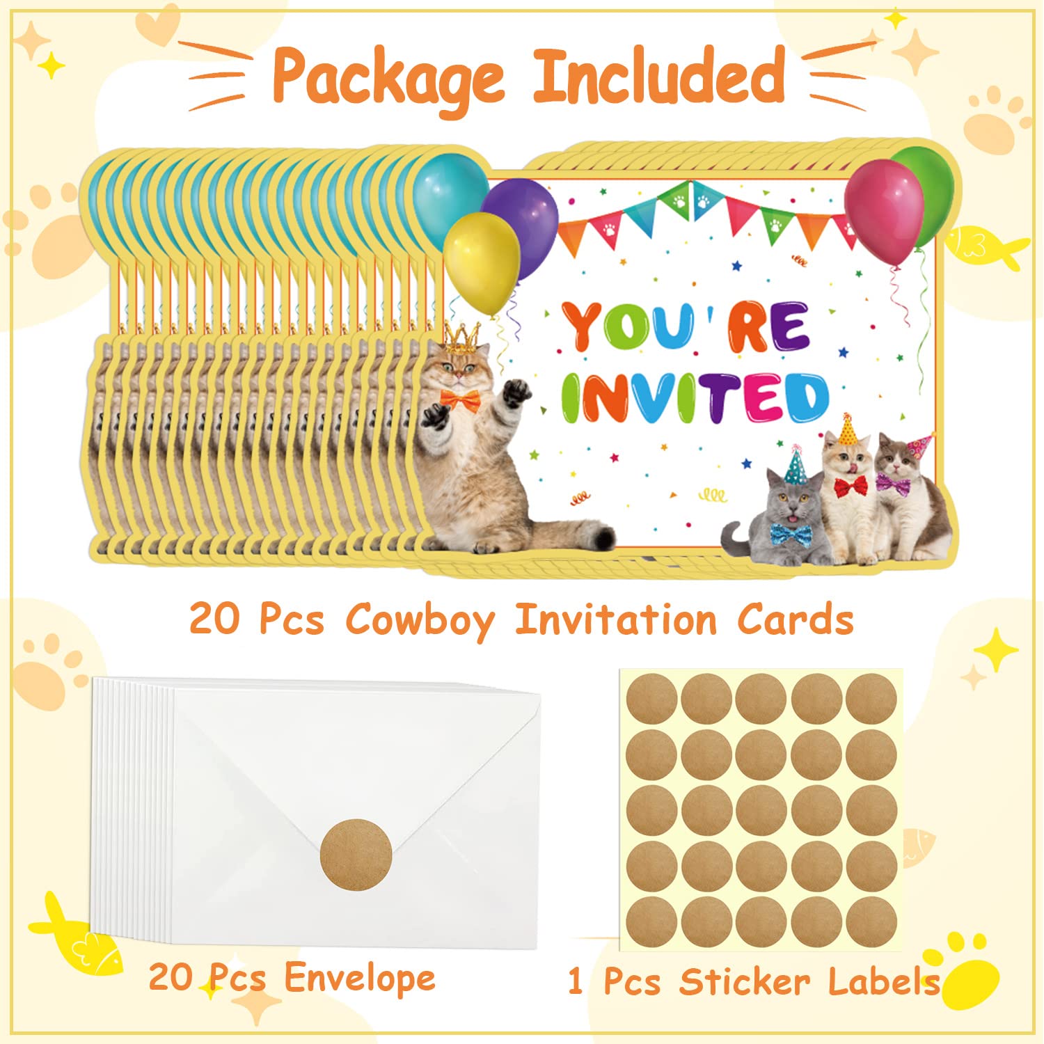 GOGOPARTY 20 Pcs Cat Birthday Invitations, Kitten Party Invitations Cute Animal Birthday Party Invitation Cards With Sticker Labels 20 Envelope Birthday Invitations for Birthday Party Supplies