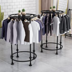 ZOUXIKOU Freestanding Round Garment Display Retail Rack, Floor-Standing Double Space Multi-Purpose Metal Shelf for Clothes Storage, Commercial Clothing Organizer in Retail Boutiques and Bedroom