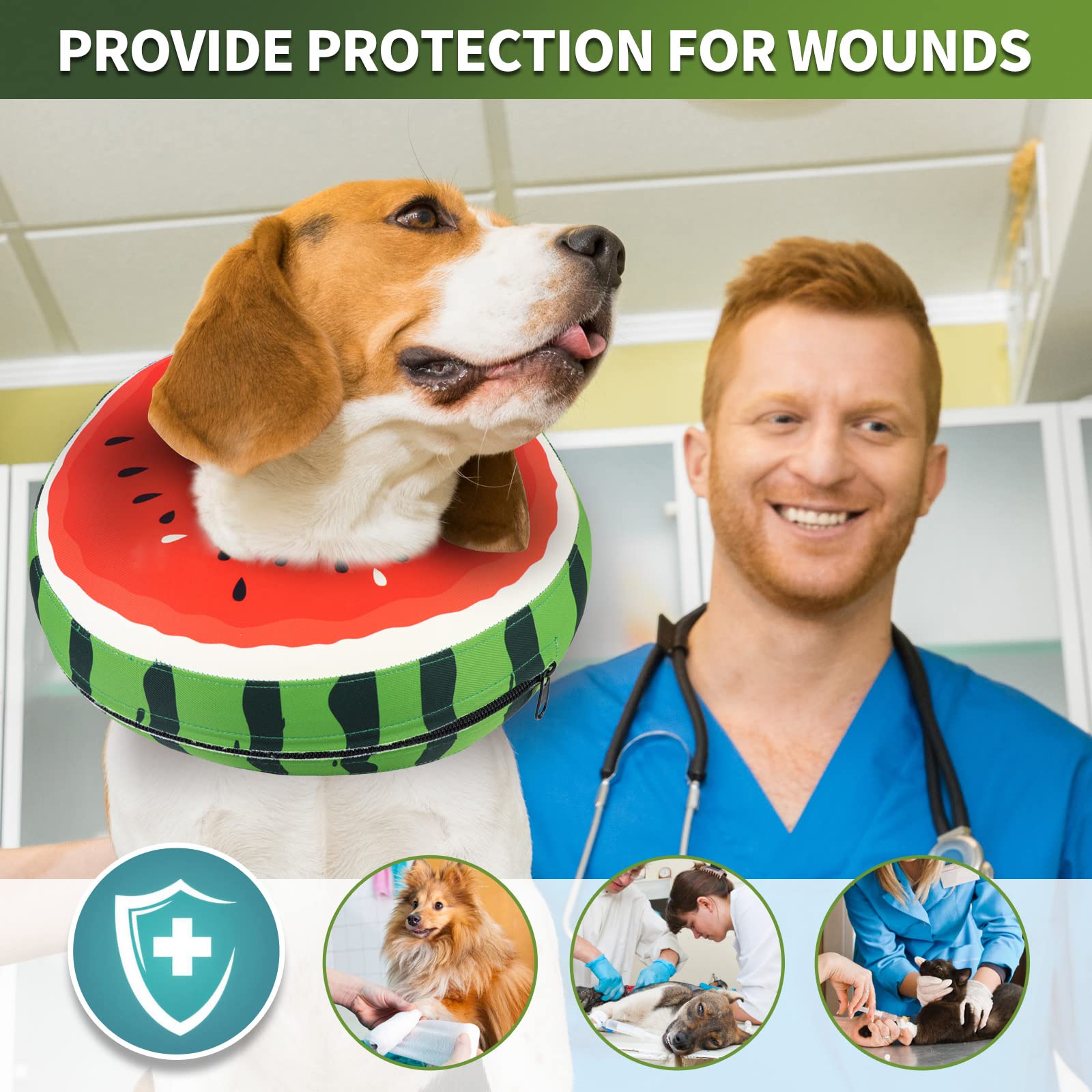 Protective Inflatable Recovery Cone Collar for Small Medium Large Dog, Soft E-Collar Dog Watermelon Donut Cone Alternative After Surgery for Dogs Cats