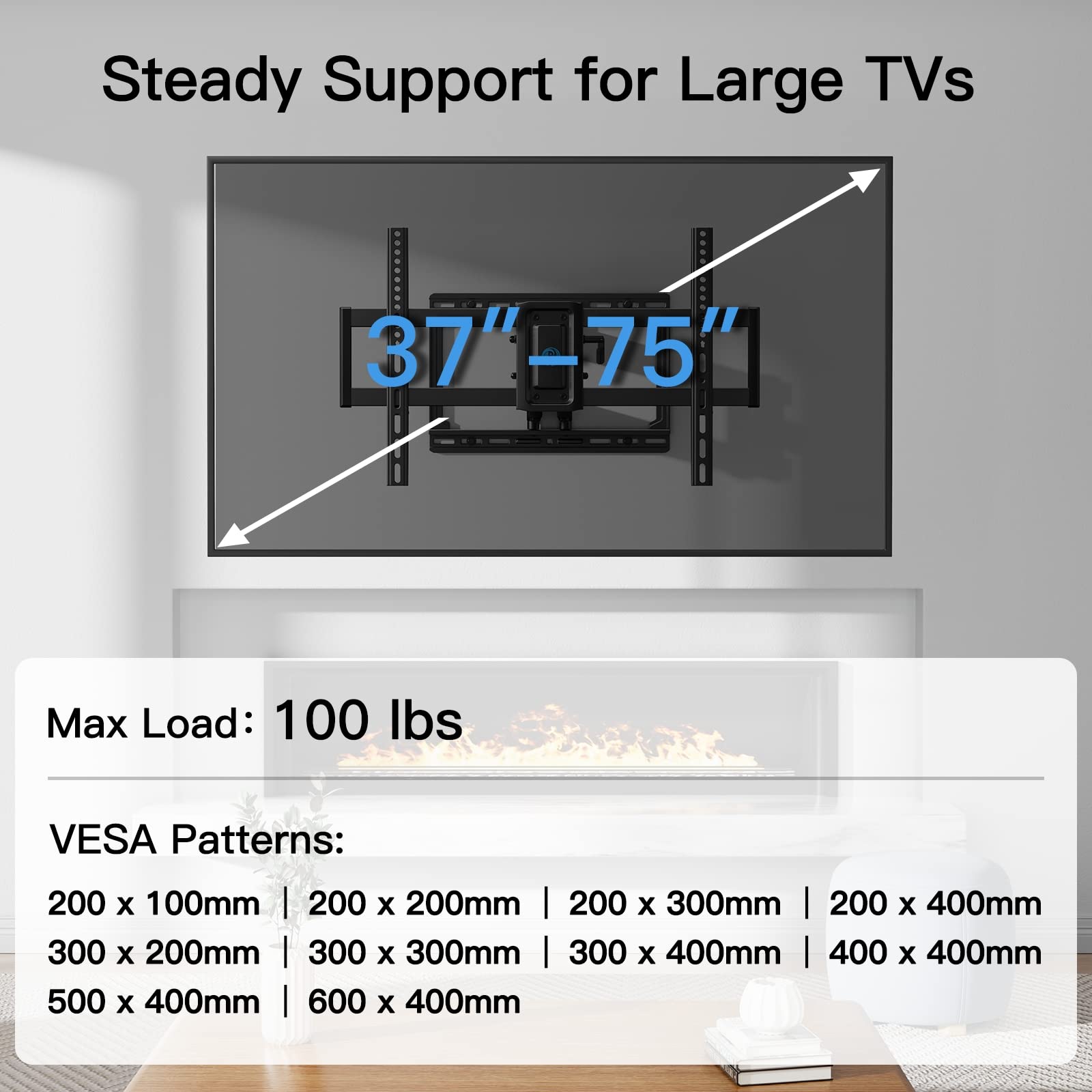 Pipishell Full Motion TV Wall Mount for 37-75 inch Flat/Curved TVs up to 100lbs, Wall Mount TV Bracket Swivel and Tilt, TV Mount Fits 8/12/16" Wood Studs, Max VESA 600x400mm, PILF3