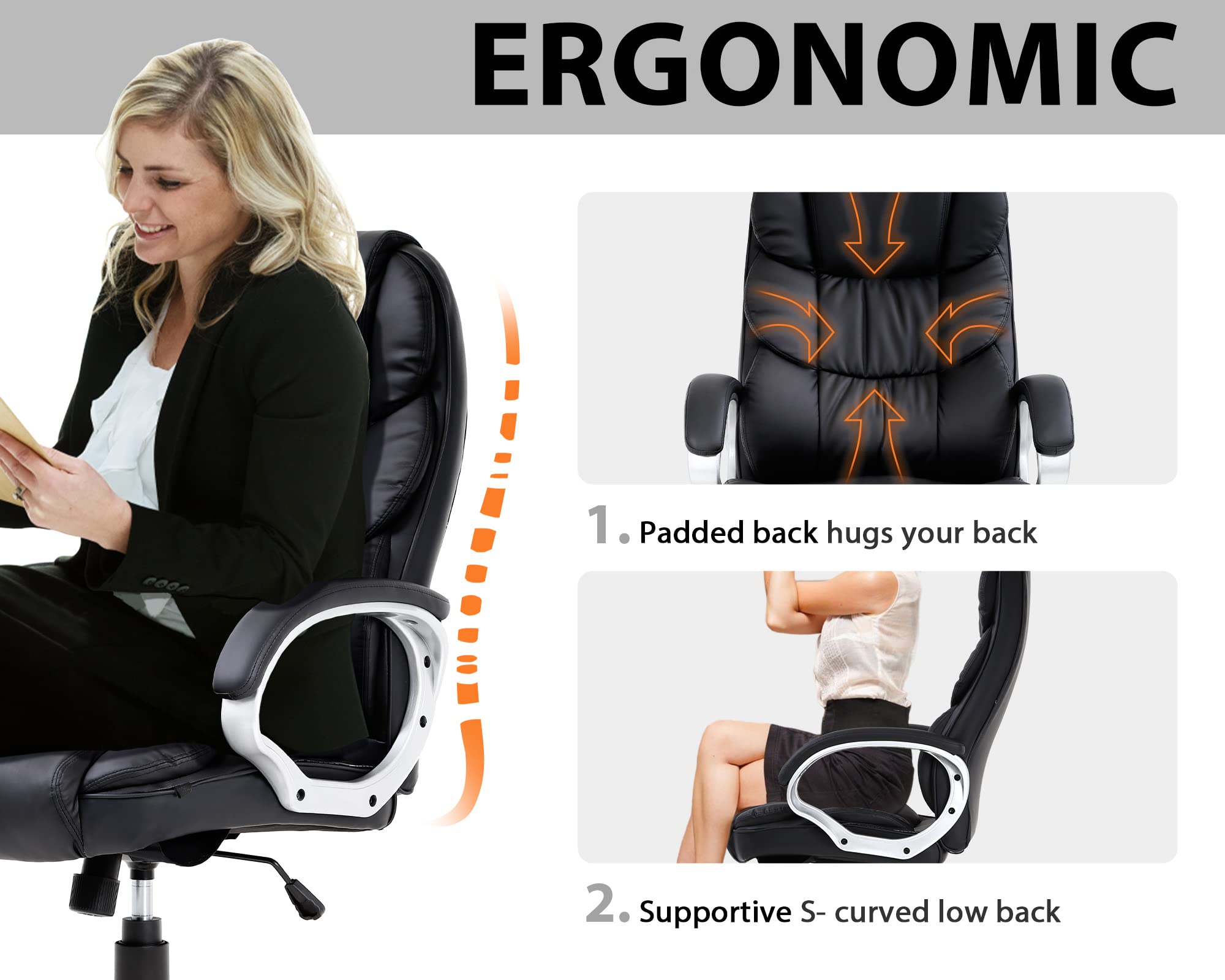 Ergonomic Office Chair, Height Adjustable Pu Leather Office Chair with Padded Armrests and Lumbar Support, 250 Lbs Heavy Duty Swivel Desk Chair Computer Chair for Men Women, Desk Chairs with Wheels